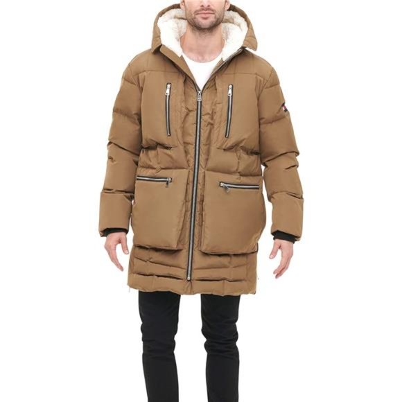 Men's Heavyweight Quilted Sherpa Hooded Parka, Khaki - Picture 1 of 6